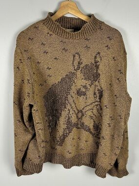 COTTON COUNTRY Horse Sweater Brown Sz Large Equestrian Mock Neck Farm Country